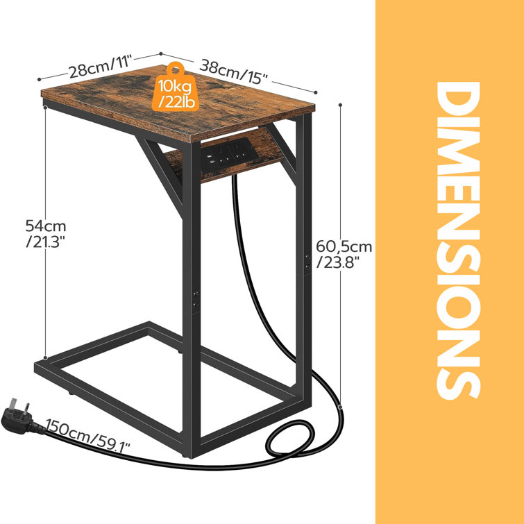 Hargaden Industrial C Shaped Side Table with Built In Power Outlets End Table Living Room